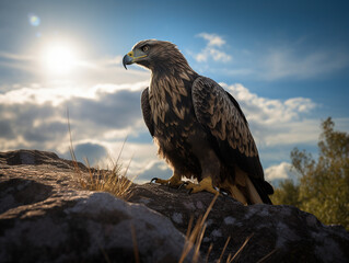 Fototapeta premium An eagle with golden feathers and blue eyes standing on a rock, the sun behind the clouds in the blue sky / shadow of the eagle on the ground, generative ai