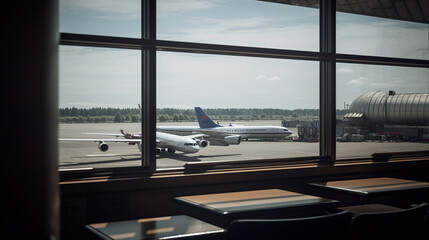 Airplane, view from airport terminal lounge, generative ai