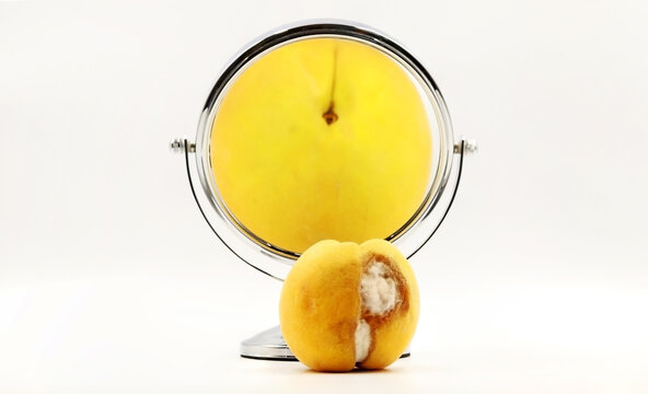 Concept of deception, mask, effort to achieve results, maintain composure depicted with a spoiled  peach on the back