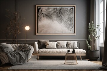 3D render of Scandinavian style mockup poster on wall in home interior. Generative AI