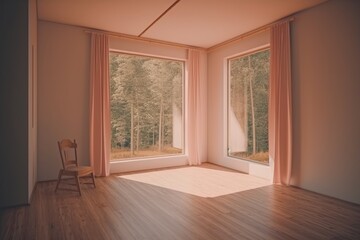 an Empty Room with Large Windows and a Chair. Generative AI