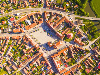 Aerial view of city centre. Old town from top down view. Background concept. Dobrany, Czech republic, European union.