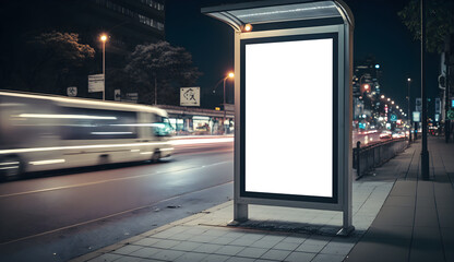 Empty billboard mockup at footpath or at roadside in city, side view blank billboard in city, Outdoor Advertising space in light box at bus stop in night, generative ai, empty signage mockup	
