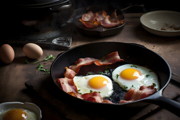 Traditional english breakfast with fried eggs and bacon in cast iron pan on dark wooden background. Top view. AI generated.