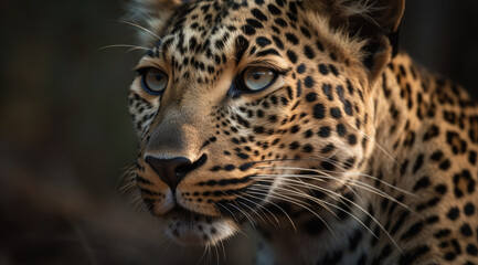 Close-up of leopard's face with shallow depth of field.