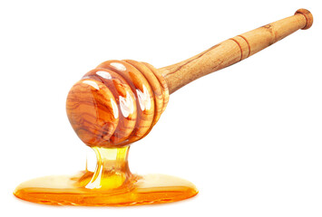 honey dripping with dipper isolated on white