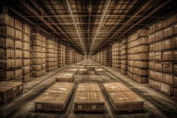 Warehouse Interior Filled with Piles of Cardboard Boxes and Shipping Containers. Generative AI