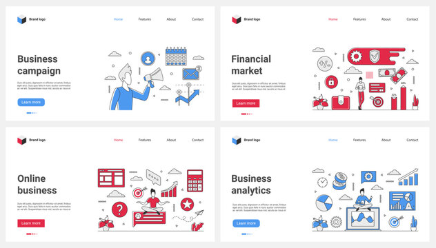 Business analytics of market, online campaign and strategy analysis thin line set vector illustration. Cartoon tiny people with megaphone advertising brand product, manage and analyze financial data
