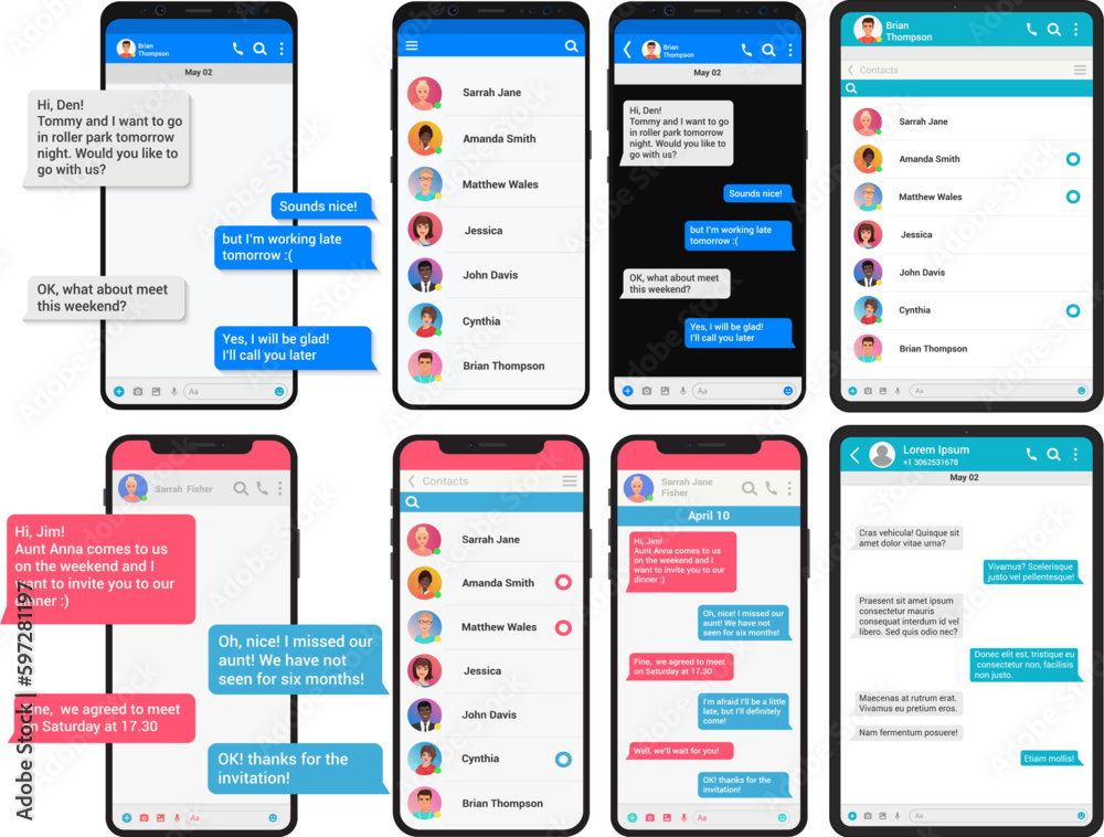 Aufkleber Social network concept. Chating phone and pad table screen templates set. Messenger window. Chating and messaging concept mock up for any ui presentation