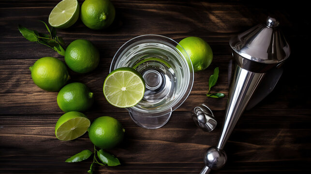 Gimlet Kamikaze cocktail in martini glasses with lime slice and ice on wooden background with fresh limes and strainer with shaker. Top view, Genartive ai