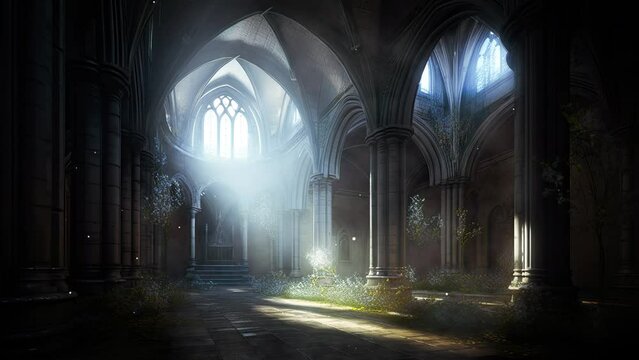 gothic church with a garden. ray of light in the shadow of this empty place. concept of abbey of the heroic fantasy. loop animation.