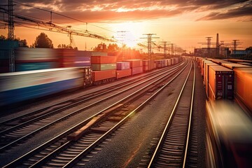 cargo train transporting shipping containers, depicted with motion blur, representing the concept of speedy delivery of goods. Created using Generative AI. - obrazy, fototapety, plakaty