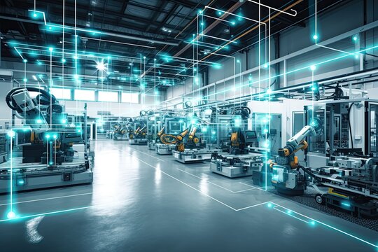 ultra-modern factory that embodies the concept of Industry 4.0, showcasing the integration of advanced technologies to optimize efficiency, and sustainability. Created using Generative AI.