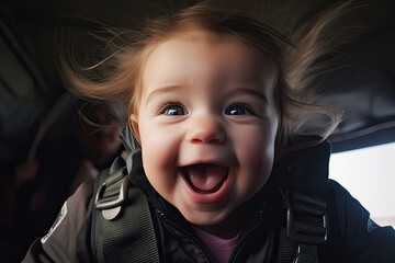 Baby skydiver. During the parachute jump, the joyful little child is filled with exhilaration and wonder as they take in the breathtaking views from above. Generative AI.