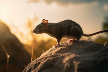 A rat standing on a rock during sunset, viewed from its side and isolated. Generative AI