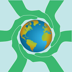 Banner with green hands holding planet Earth in a ring. Responsibility, sustainability, teamwork and cooperation. Square. Vector illustration.