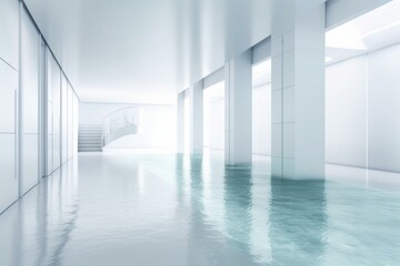 Sleek white future interior w/ glossy gradient water wall & floor. 3D illustration. Generative AI