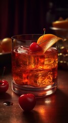 Manhattan Cocktail with Maraschino Cherry and Orange Twist. Generative AI.