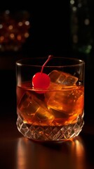 Manhattan Cocktail with Maraschino Cherry and Orange Twist. Generative AI.