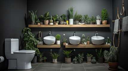 Fototapeta na wymiar Interior of restroom with toilet bowl, shelving unit and houseplants, generative ai