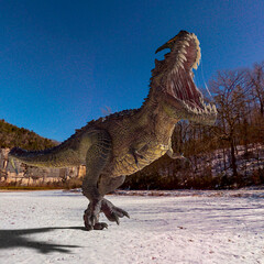 monster dinosaur is attacking on the ice age side view