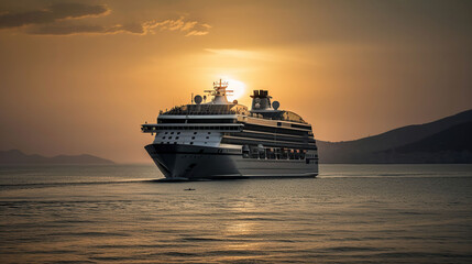 Fototapeta na wymiar Luxury cruise ship sailing from port on sunrise, generative ai