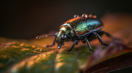 Macro photograph of tiny beetle perched on leaf.
