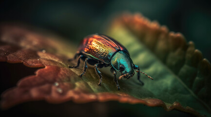 The Depiction of a Tiny Beetle Perched on a Leaf in a Macro Photograph.