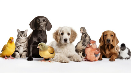 Group of cute pets on white background. Banner design, Generative Ai