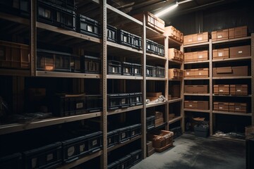 Storage shelves and boxes: logistic concept. Generative AI