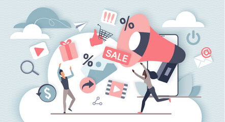 Online marketing strategy. Tiny people customers with megaphone generation of gifts, positive reviews, discount sign and email advertising flat vector illustration. Sales announcement concept