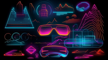 Retrofuturistic 3D trendy collection. Trendy elements in vaporwave style from 80s-90s. Old wave cyberpunk concept. Shapes design elements for disco genre, retro party, Generative Ai