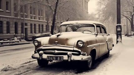 Snow-coverd retro car. Vitage effect, Generative Ai