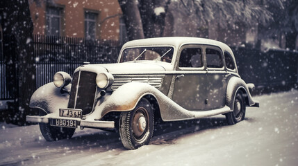 Snow-coverd retro car. Vitage effect, Generative Ai
