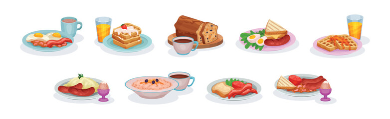 Tasty Breakfast Food Served on Plate as Morning Meal Vector Set