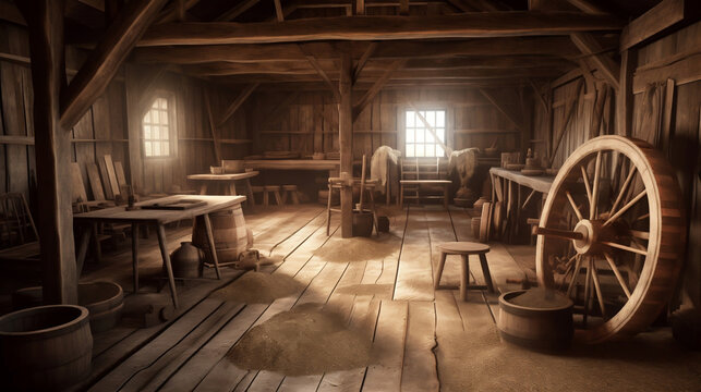 Interior of village building: wheel, pitchfork, bench, Generative Ai