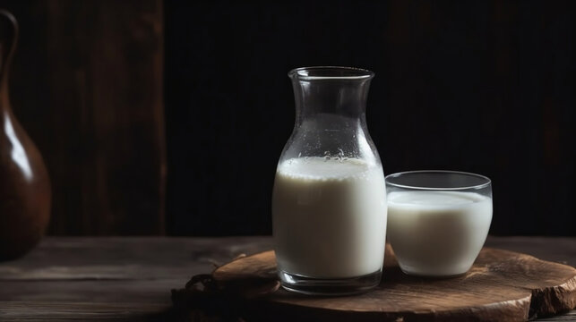 Kefir, milk or Turkish Ayran drink are poured into a glass cup from a bottle. A glass stands on a wooden stand on a rustic wooden table. Place for text, Generative Ai