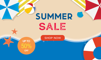Summer sale  vector illustration with beach. Promotion banner for website, flyer and poster