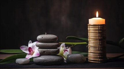 Obraz na płótnie Canvas Spa still life with stacked of stone,burning candle and bamboo leaf, generative ai