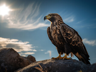 An eagle with golden feathers and blue eyes standing on a rock, with sunset background, generative ai