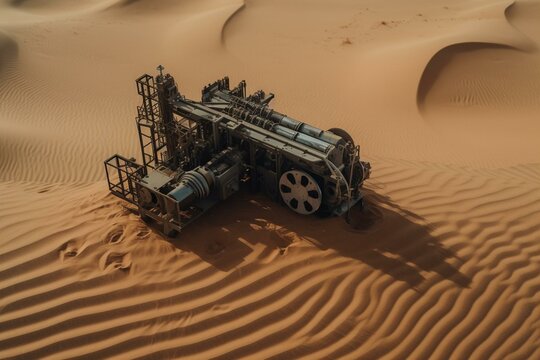 Top view of oil pump amidst sand dunes. Generative AI