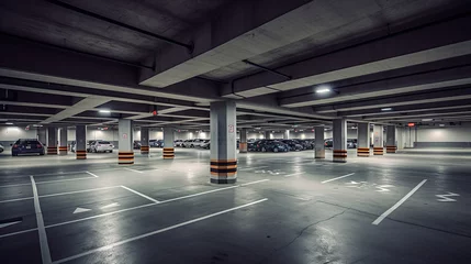 Fototapeten Empty shopping mall underground parking lot or garage interior with concrete stripe painted columns, generative ai © coco