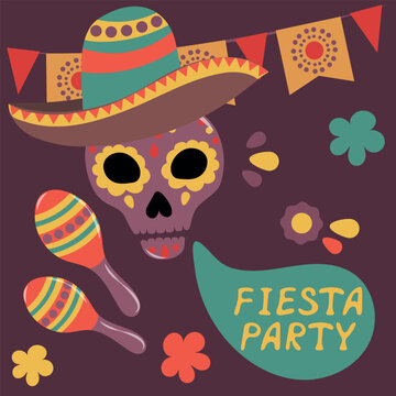 Poster for a Mexican party with a skull and maracas
