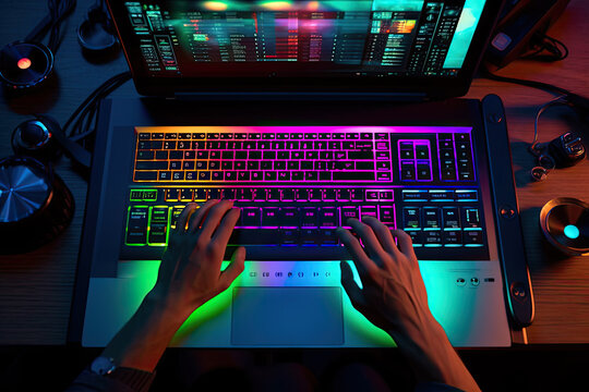 A top-down view of a person using a laptop with the keyboard lit up in neon colors, and headphones around their necks.. Generative Ai