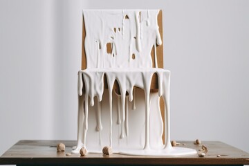 A blank podium with milk dripping onto it against a white background. Generative AI
