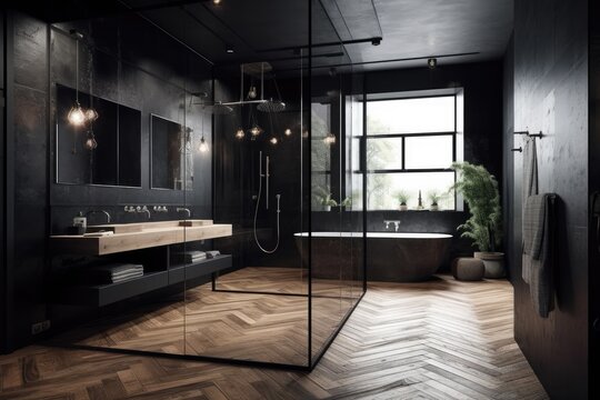 a design bathroom, with a wood floor, black wall, italian shower. generative ai