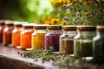 A row of jars filled with different herbs and spices on a wooden table, with blurry green leaves in the background. Generative Ai - obrazy, fototapety, plakaty