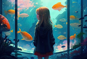 anime girl standing in front of a big aquarium tank, many colorful fishes. generative ai