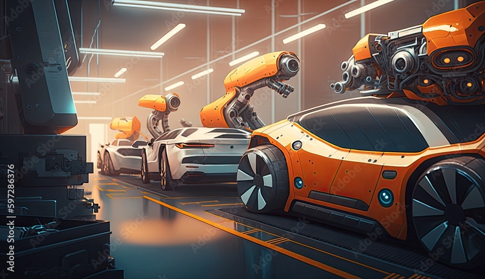 Wall mural Automated robotics futuristic electric cars factory production line. generative ai