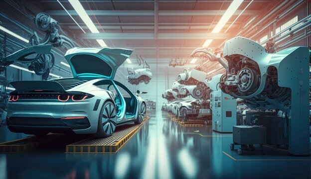 Automated robotics futuristic electric cars factory production line. generative ai